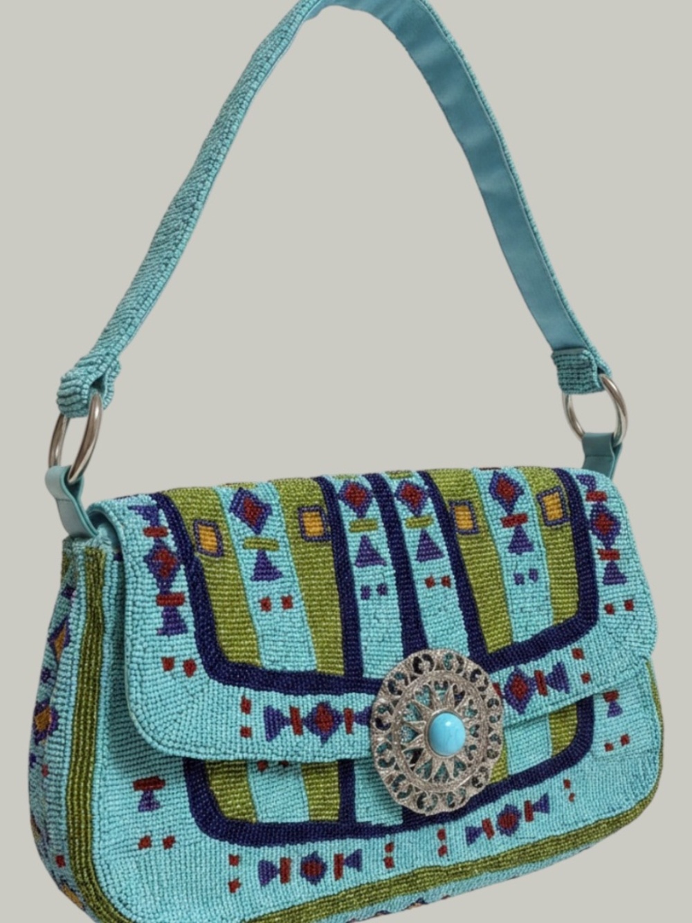 Christiana Luxurious Beaded Shoulder Bag Purse - Turquoise with Geometric Design